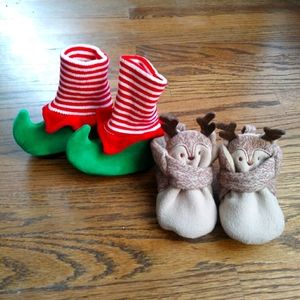 2 Pair Christmas Baby Booties: Reindeer and Elf